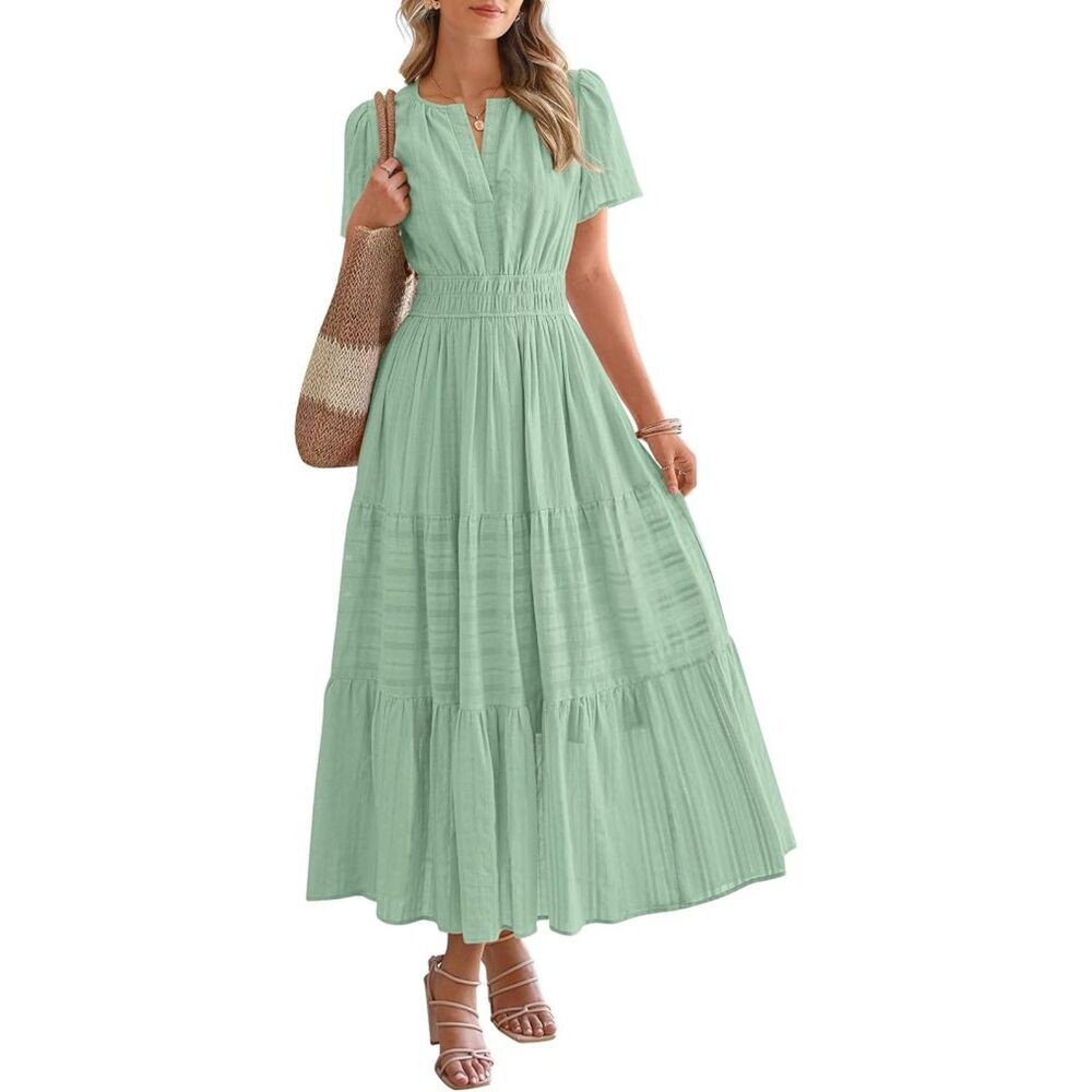 Women's Sage Green V Neck Short Sleeve A Line Summer Casual Maxi Dress Pockets